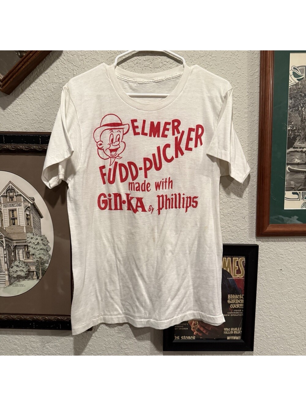 Vintage 70s RARE Elmer Fudd-Pucker With Gin•Ka By Phillips Alcohol Party Shirt L
